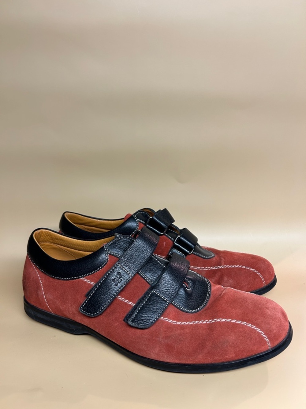 Tonino Lamborghini orange Suede Loafers with Black Leather Straps velcro size6.5